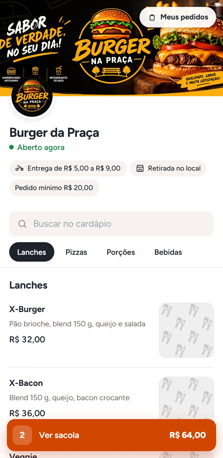 Cardápio digital do Pratuni aberto no celular: capa e logo da loja, abas de categorias, produtos com preço e a barra Ver sacola